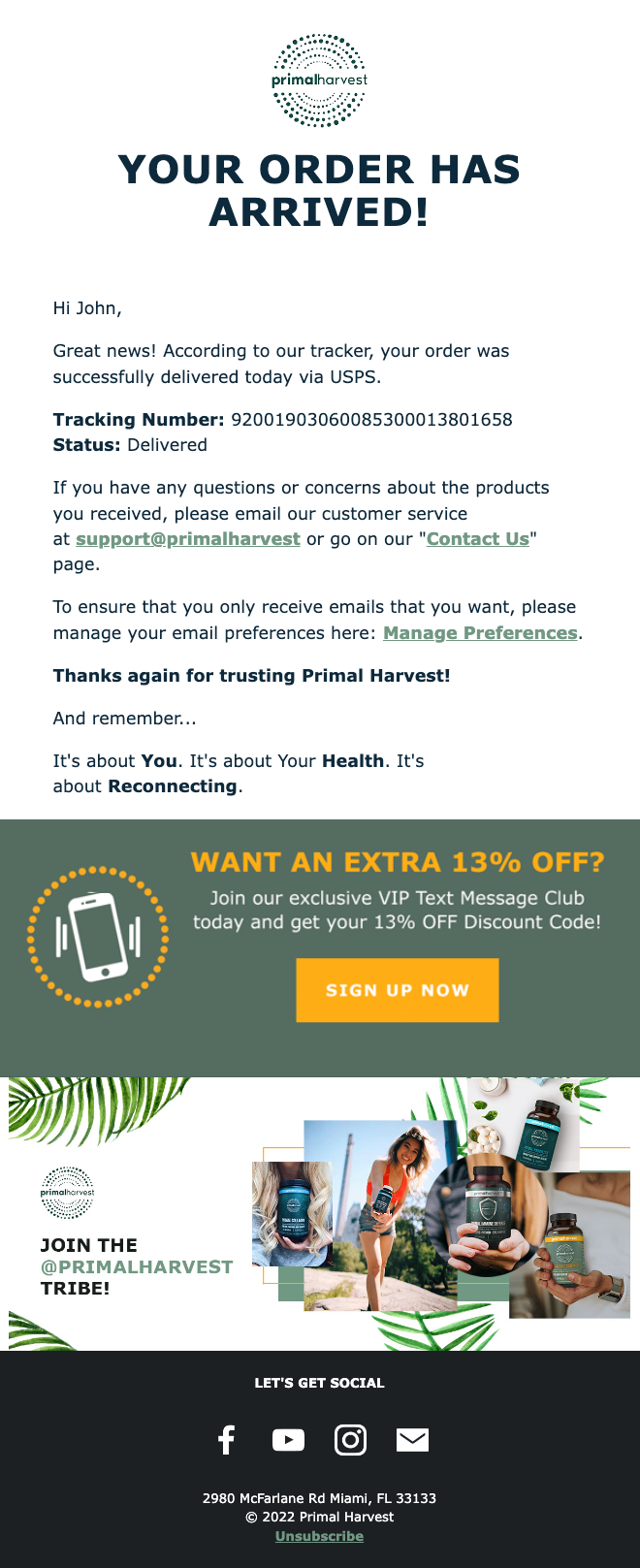 Primal Harvest Delivery Email