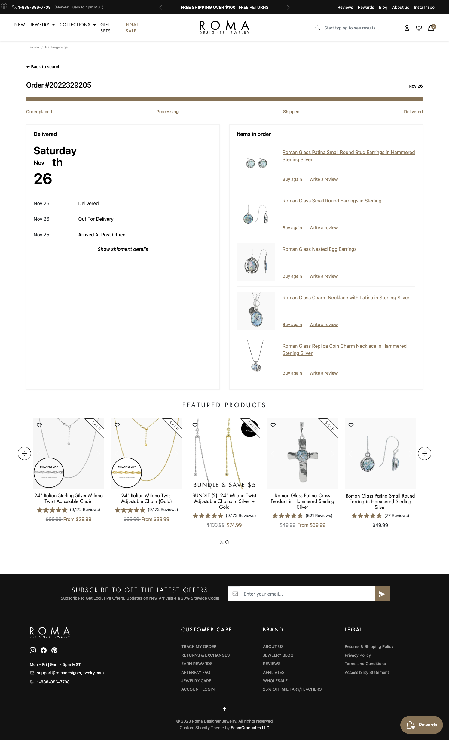 Roma Designer Jewelry branded tracking page